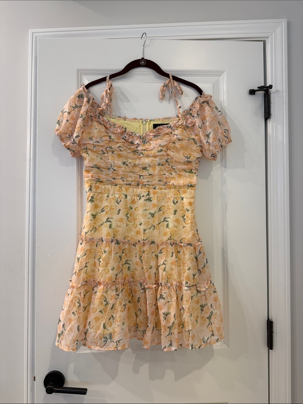 Lulu's Peach and Yellow Floral Tie-Shoulder Dress